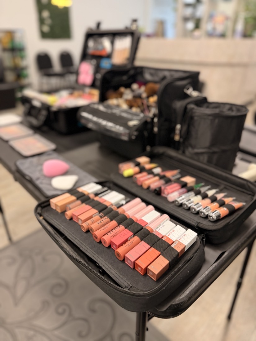 Professional makeup station stocked with luxury products