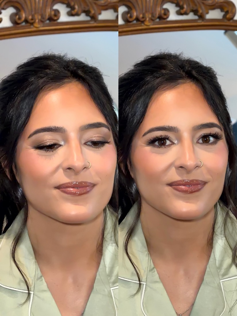 Two angles of a bride's soft glam wedding makeup with a glossy nude lip